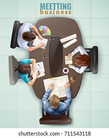 Group of people having business meeting at office top view realistic vector illustration