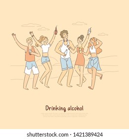Group of people having different beverages on beach, partying with friends outdoors in summertime banner