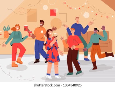 Group Of People Having Fun At Home Party. Happy Men And Women Celebration Holiday Or Birthday, Dancing, Talking Friendly, Drinking Wine Or Beer. Vector Character Illustration Of Festive Event