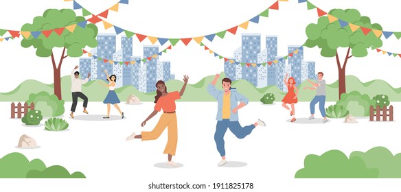 Group of people having fun at park festival vector flat illustration. Happy smiling men and women dancing at city park, enjoying, celebrating holiday. Positive emotions, festive event concept.