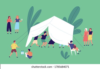 Group of people having fun and relaxing at open air party vector flat illustration. Man and woman dancing in tent, playing guitar, walking and talking each other. Campers spending time outdoor