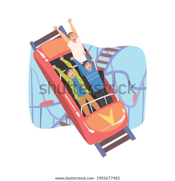 Group of People Having Fun in Roller
Coaster, Excited Boys Riding Small Fast Open Car in Amusement Park
Cartoon Style Vector
Illustration