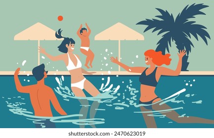 Grupo de personas divirtiéndose y salpicando agua en una piscina. Los turistas nadan en la piscina. Ilustración simple del estilo plano. Actividades de ocio de verano. Relajación en vacaciones. Vacaciones de verano