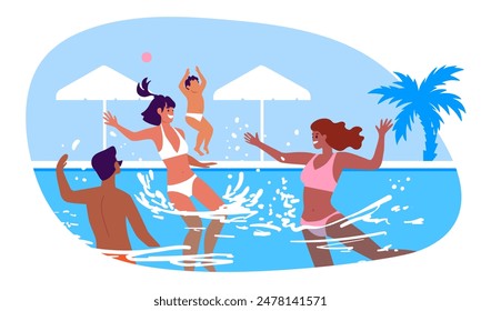 Group of people having fun and splashing water in a swimming pool. Tourists swim in the pool. Simple flat style illustration. Summer leisure activities. Relaxation on vacation. Summer holidays