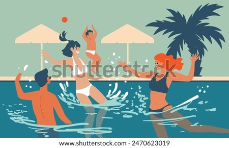 Group of people having fun and splashing water in a swimming pool. Tourists swim in the pool. Simple flat style illustration. Summer leisure activities. Relaxation on vacation. Summer holidays
