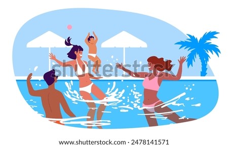 Group of people having fun and splashing water in a swimming pool. Tourists swim in the pool. Simple flat style illustration. Summer leisure activities. Relaxation on vacation. Summer holidays