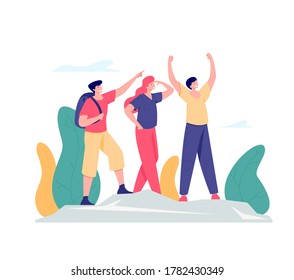 Group of people having fun in success pose or achieving a goal with raised arms on mountain top. Travel, adventure or expedition concept. Vector flat style illustration.