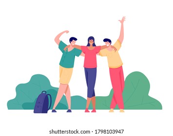 Group of people having fun in success pose with raised arms on the background of trees. Travel, adventure or walk concept. Vector flat style illustration.