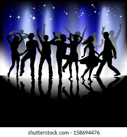 A group of people having a good time in disco. Crowd in-front of a stage. Vector 