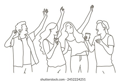 A group of people are having a good time at a party. They are all smiling and holding drinks. Hand drawn vector illustration. Black and white.