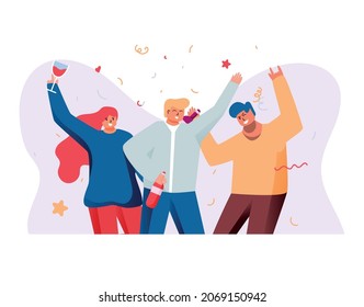 Group of people having party and get drunk with lot of drinks vector background illustration.