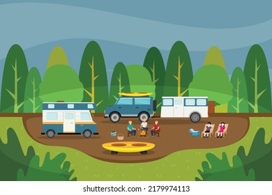 Group of people having a vacation to the forest with vans