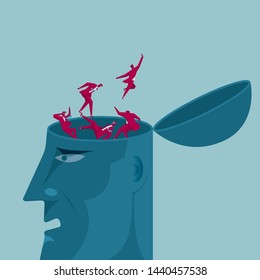 A group of people are in the head. The background is blue.