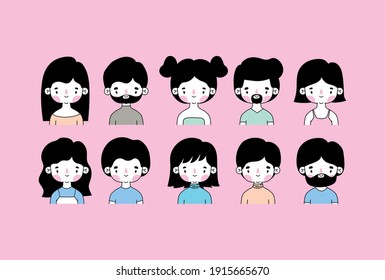 group of people heads icons on a pink background vector illustration design