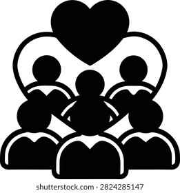Group of people with heart icon, representing community support, family love, and social care vector illustration
