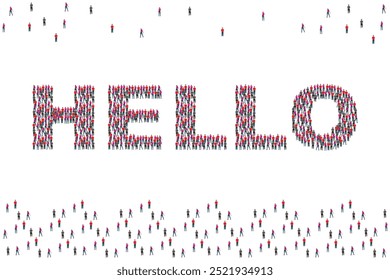 Group of people with hello text isolated on white background.