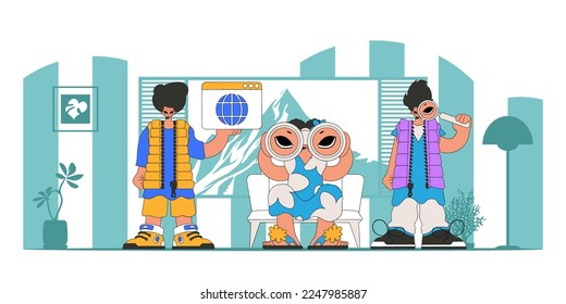 A group of people help find information on the Internet. Material for educational content.