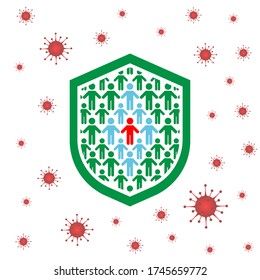 Group of people with Herd immunity agains virus bacteria. Vector flat illustration of an infected person as a virus spread in society. Coronavirus covid prevention, vaccination vaccine infogpahic.