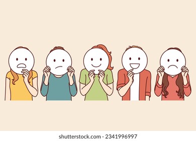 Group of people hide emotions by showing different emoticons with different mental moods. Focus group of men and women demonstrating feedback about product or service during market research