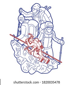 Group of people Hiker climbing mountain hiking cartoon graphic vector	
