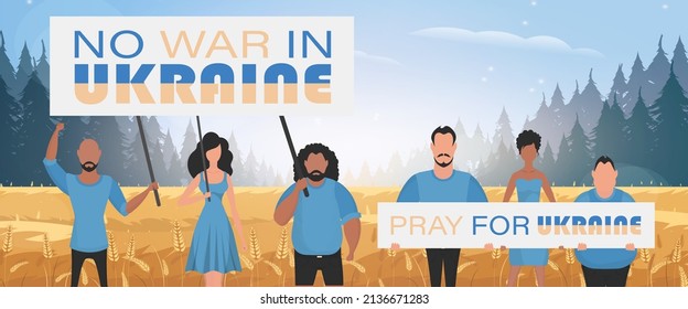 Un grupo de personas sostiene pancartas protestando por la guerra en Ucrania. Ilustración vectorial.
