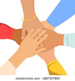 Group of people hold hand together vector isolated. Concept of teamwork and partnership. Unity and cooperation.