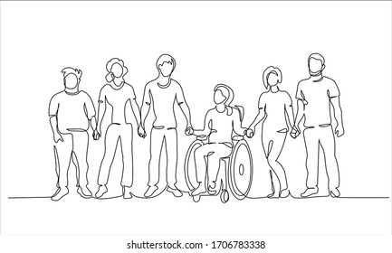 Group people hold hands  Friends together and disabled  One continuous line drawing vector illustration 