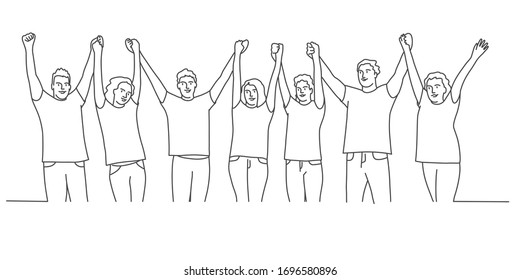 Group of people hold hands, hands are lifted up. Line drawing vector illustration.