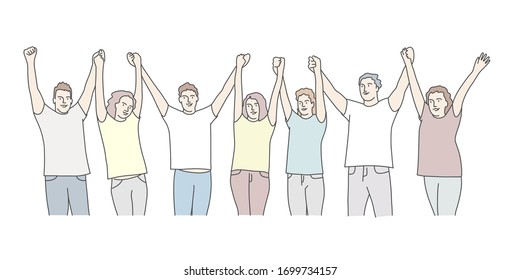 Group of people hold hands, hands are lifted up. Hand drawn vector illustration.