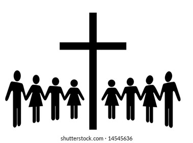 A Group of people hold Hands as they gather around a cross.