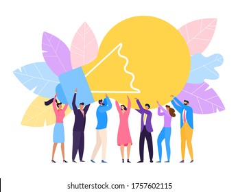 Group people hold huge lamp new idea vector Illustration. Success in business rely on teamwork, good planning and finding creative solution to problem. Colleague make strategic planning.