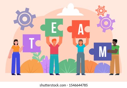 Group of people hold puzzle items with team word. Teamwork or partnership concept. Poster for social media, web page, banner, presentation. Flat design vector illustration