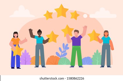Group of people hold rating, vote or review stars. User online rating concept. Poster for social media, web page, banner, presentation. Flat design vector illustration