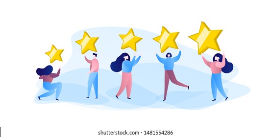 A group of people hold the stars and appreciate. Flat style. Vector illustration.