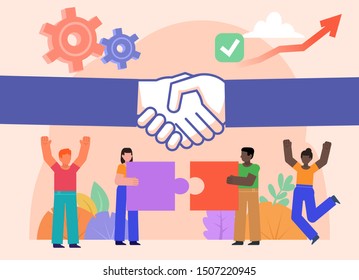 Group of people hold two pieces of puzzle, trying to combine it. Teamwork, business partnership concept. Poster for social media, web page, banner, presentation. Flat design vector illustration