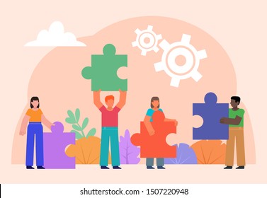 Group of people hold various parts of puzzle, trying to combine it. Teamwork, partnership concept. Poster for social media, web page, banner, presentation. Flat design vector illustration