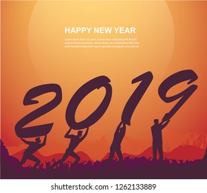 group of people holding 2019 new year with sunset background vector illustration eps10