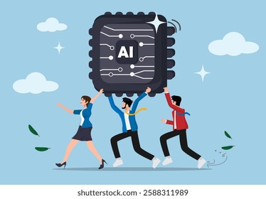 Group of people holding AI, adoption of Artificial Intelligence, users or people who use AI to help and support work success, business people carrying AI processing chips