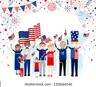 Group of people holding american flag with fireworks on white background USA 4th july independence day and other celebration