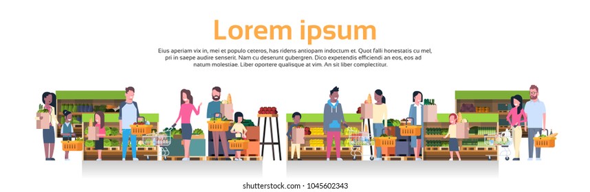 Group Of People Holding Bags, Baskets And Pushing Trolleys Over Supermarket Shelves With Grocery Products Consumerism Concept Flat Vector Illustration