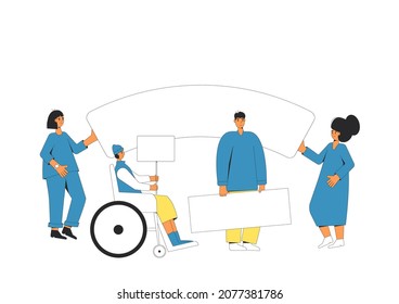 Group of people holding a banner. Team with blank, placard standing together. Vector characters line art illustration isolated on white background.