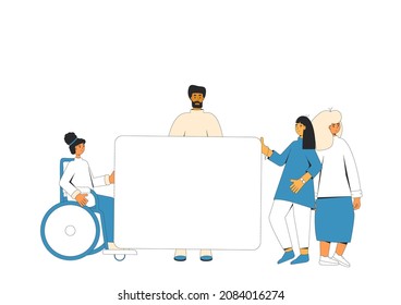 Group of people holding a banner. Team with blank, placard standing together. Vector characters line art illustration isolated on white background.