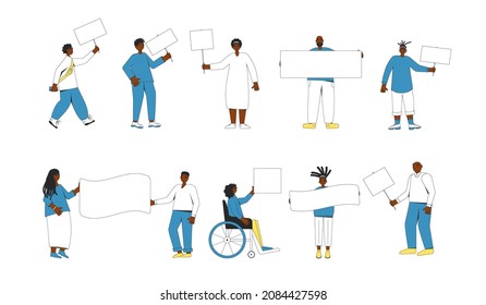 Group of people holding a banner. Team with blank, placard standing and walking set. Vector characters line art collection illustration isolated on white background.