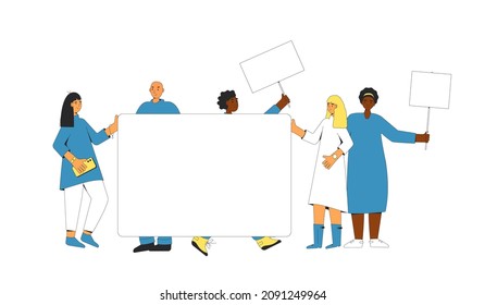 Group of people holding a banner. Team with blank, placard standing together. Vector characters line art illustration isolated on white background.