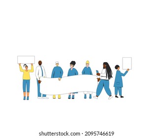 Group of people holding a banner. Team with blank, placard standing together. Vector characters line art illustration isolated on white background.