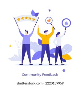 Group of people holding banners with five stars, like and thumbs up symbols. Concept of community feedback, collective positive evaluation of service. Modern flat vector illustration for banner.