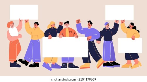 Group of people holding blank banners on protest demonstration, strike, political rally. Vector flat illustration of angry activists, picket participants standing with empty posters