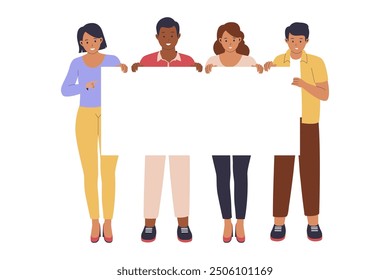 Group of people holding a blank sign. Illustration for websites, landing pages, mobile apps, posters and banners. Trendy flat vector illustration