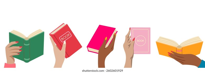 A group of people holding books with the word "book" on the front. The books are of different colors and sizes. The people are holding the books in their hands
