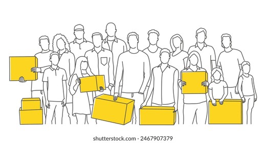 A group of people holding boxes. Hand drawn vector illustration. Black and white.